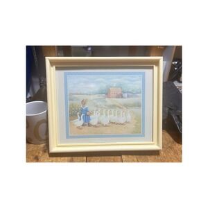 Dawna Barton Girl With Ducks Print Framed Vintage Farmhouse Art Decor 90s Pastel